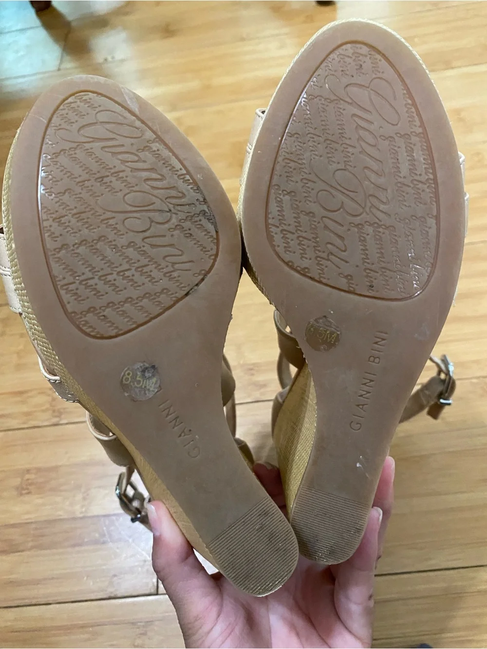 Gianni Bini Josilee Nude Strappy Wedge Sandals Size 8.5 Neutral Leather Look